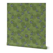 Java Sparrows and Leaf Outlines on Soft Green - Large