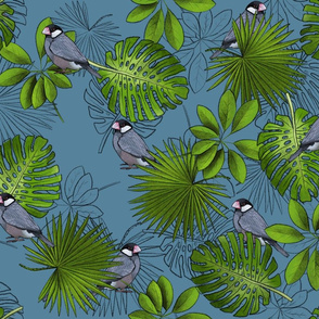 Java Sparrows, Tropical Leaves, and Leaf Outlines on Blue - Large