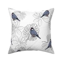 Java Sparrows and Tropical Leaf Outlines on White - Large