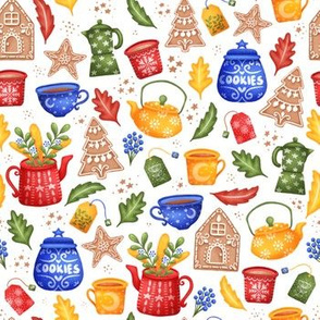 Cookies and tea coffee, gingerbread, snack time, leaves and flowers, dessert folk art White background Christmas 