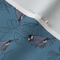 Java Sparrows and Leaf Outlines on Blue - Small