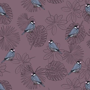 Java Sparrows and Leaf Outlines on Mauve - Small