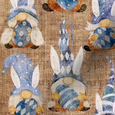 Blue Bunny Gnomes on Burlap - medium scale