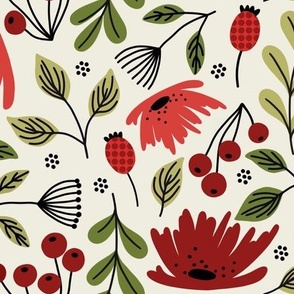 Ditsy modern floral- red and green on cream large