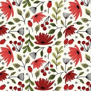 Ditsy modern floral- red and green on cream small scale 