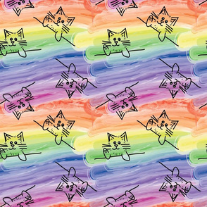 Watercolor Rainbow Waving Cats