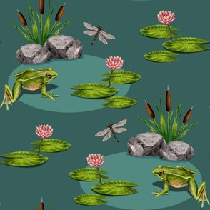 Frogs in Pond With Dragonflies & Lily Pads