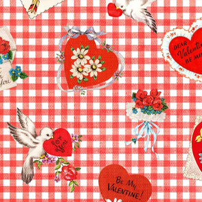 Vintage Heart Valentines on Gingham Linen - large scale