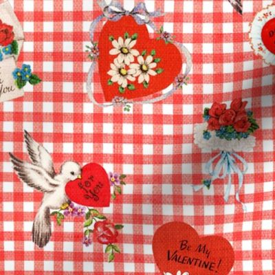 Vintage Heart Valentines on Gingham Linen - medium scale