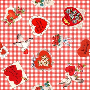Vintage Heart Valentines on Gingham Linen Rotated - large scale