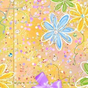 Sewing flower pattern, sewing supplies, summer pattern in yellow, bright and hot yellow, floral, dress fabric, threads and pins, needles and ribbons