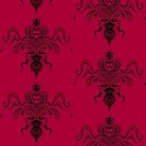 Hearts & curls Damask Black on red