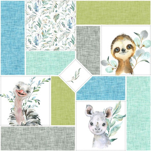 Animal Kingdom Cheater Quilt – Jungle Safari Animals Blanket, Patchwork Quilt A, blue green mint + gray