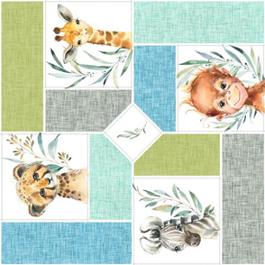 Animal Kingdom Cheater Quilt – Jungle Safari Animals Blanket, Patchwork Quilt A, blue green mint + gray, rotated