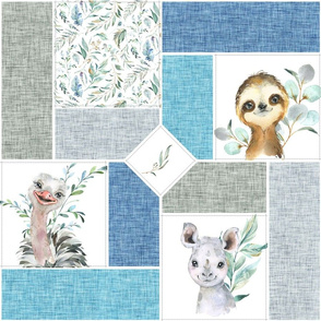 Animal Kingdom Cheater Quilt – Jungle Safari Animals Blanket, Patchwork Quilt B, blue + gray