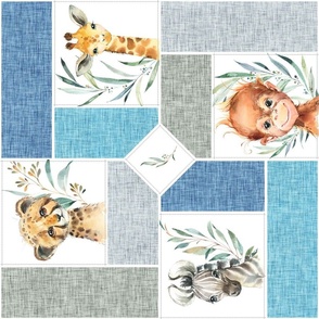 Animal Kingdom Cheater Quilt – Jungle Safari Animals Blanket, Patchwork Quilt B, blue + gray, rotated