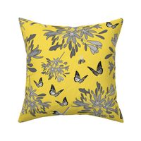 Agapanthus Enchantment (butterflies, birds + bees) - greyscale on illuminating yellow, large