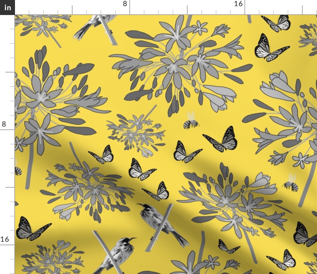 Agapanthus Enchantment (butterflies, birds + bees) - greyscale on illuminating yellow, large
