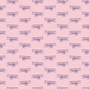 Antique Triplane Airplane Vintage Aviation Pattern in Mauve Purple with a Blush Pink Background (Mini Scale)