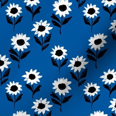 Messy sunflower garden daisy blossom and flower leaves boho nursery Scandinavian style eclectic blue white black 