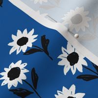 Messy sunflower garden daisy blossom and flower leaves boho nursery Scandinavian style eclectic blue white black 