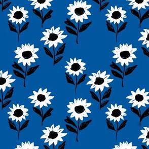 Messy sunflower garden daisy blossom and flower leaves boho nursery Scandinavian style eclectic blue white black 