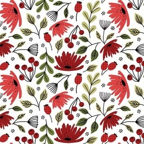 Ditsy modern floral - red and green on white small scale