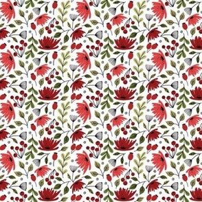 Ditsy modern floral- red and green on white - micro scale