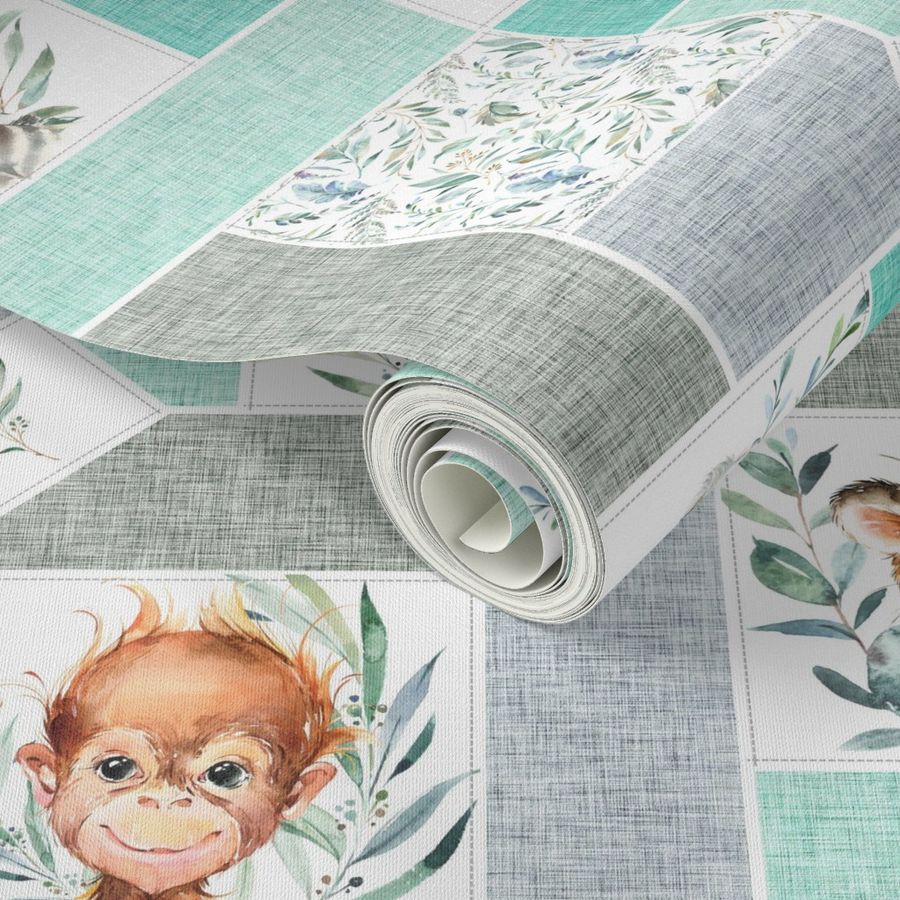 Animal Kingdom Cheater Quilt – Jungle Safari Animals Blanket, Patchwork Quilt C, mint teal + gray