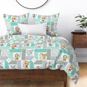 Animal Kingdom Cheater Quilt – Jungle Safari Animals Blanket, Patchwork Quilt C, mint teal + gray