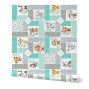 Animal Kingdom Cheater Quilt – Jungle Safari Animals Blanket, Patchwork Quilt C, mint teal + gray, rotated