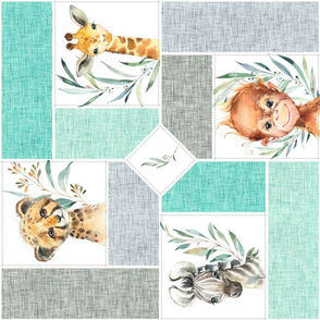 Animal Kingdom Cheater Quilt – Jungle Safari Animals Blanket, Patchwork Quilt C, mint teal + gray, rotated