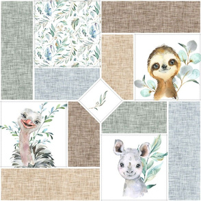 Animal Kingdom Cheater Quilt – Jungle Safari Animals Blanket, Patchwork Quilt D, brown + gray