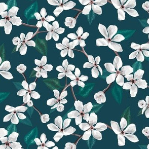 plum blossoms on dark teal