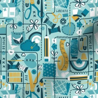 Small scale // We are all connected ♥ // aqua background teal aqua and goldenrod yellow designing crafting sewing and printing tools dark teal lines
