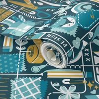 Small scale // We are all connected ♥ // dark teal background teal aqua and goldenrod yellow designing crafting sewing and printing tools white lines