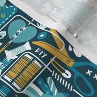 Small scale // We are all connected ♥ // dark teal background teal aqua and goldenrod yellow designing crafting sewing and printing tools white lines