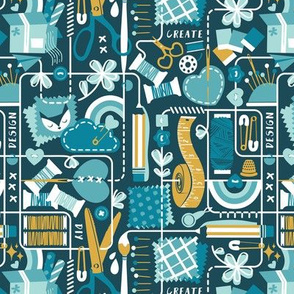 Small scale // We are all connected ♥ // dark teal background teal aqua and goldenrod yellow designing crafting sewing and printing tools white lines