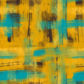 Abstract paint brush plaid texture (golden yellow and teal)