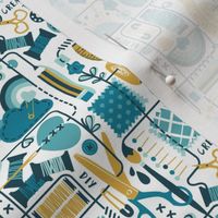 Tiny scale // We are all connected ♥ // white background teal aqua and goldenrod yellow designing crafting sewing and printing tools dark teal lines