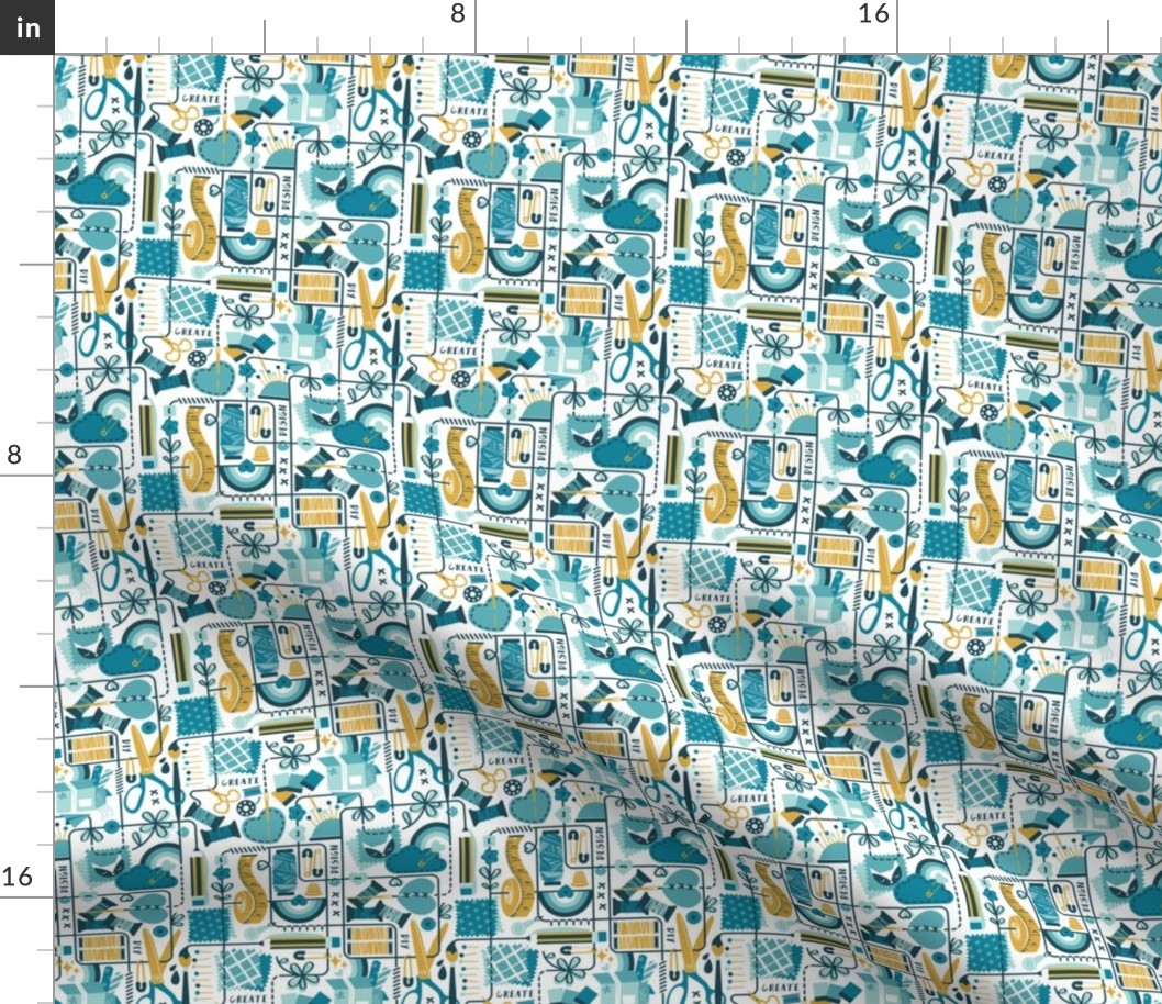 Tiny scale // We are all connected ♥ // white background teal aqua and goldenrod yellow designing crafting sewing and printing tools dark teal lines