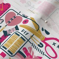 Small scale // We are all connected ♥ // white background fuchsia pink and goldenrod yellow designing crafting sewing and printing tools dark teal lines