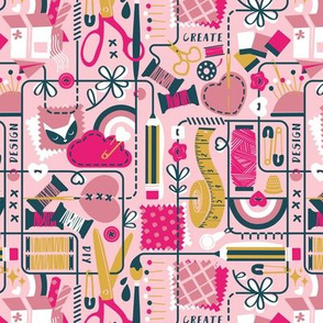 Small scale // We are all connected ♥ // pastel pink background fuchsia pink and goldenrod yellow designing crafting sewing and printing tools dark teal lines