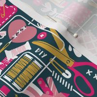 Small scale // We are all connected ♥ // dark teal background fuchsia pink and goldenrod yellow designing crafting sewing and printing tools white lines