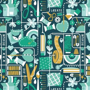 Small scale // We are all connected ♥ // dark teal background aqua green and goldenrod yellow designing crafting sewing and printing tools white lines