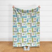 Animal Kingdom Blanket Quilt – Jungle Safari Animals Blanket, Patchwork Quilt A2, blue green mint + gray, rotated