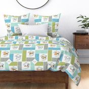 Animal Kingdom Blanket Quilt – Jungle Safari Animals Blanket, Patchwork Quilt A2, blue green mint + gray, rotated