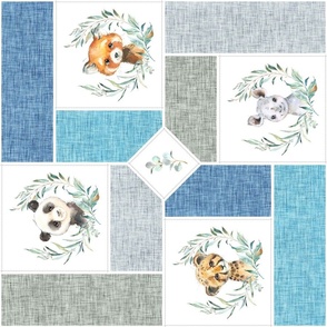 Animal Kingdom Blanket Quilt – Jungle Safari Animals Blanket, Patchwork Quilt B2, blue + gray, rotated