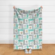 Animal Kingdom Blanket Quilt – Jungle Safari Animals Blanket, Patchwork Quilt C2, teal mint + gray