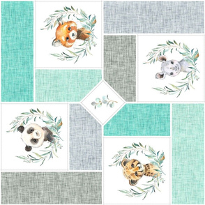 Animal Kingdom Blanket Quilt – Jungle Safari Animals Blanket, Patchwork Quilt C2, teal mint + gray, rotated